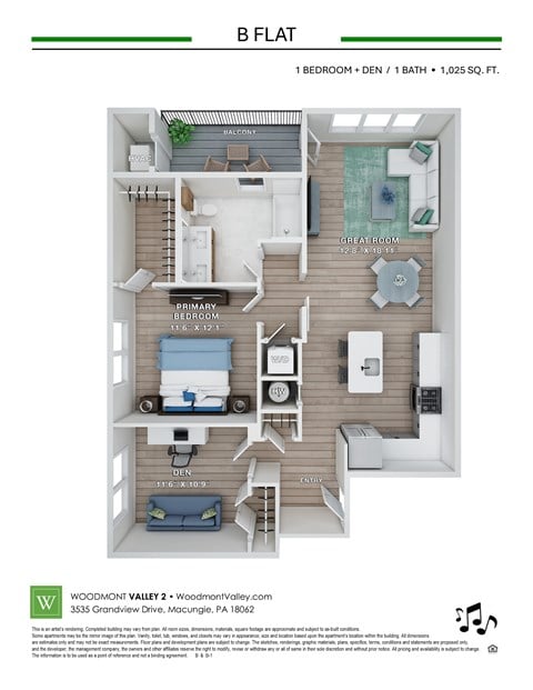 Floor plan for 1 bed, 1 bath, 1025 sqft